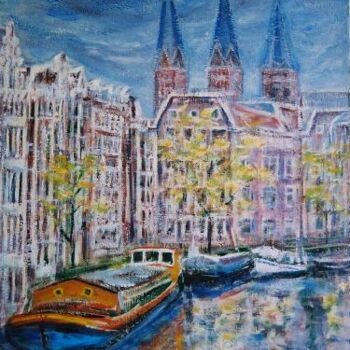 Ζωγραφική με τίτλο "amsterdam péniches…" από André Gueydon, Αυθεντικά έργα τέχνης, Λάδι