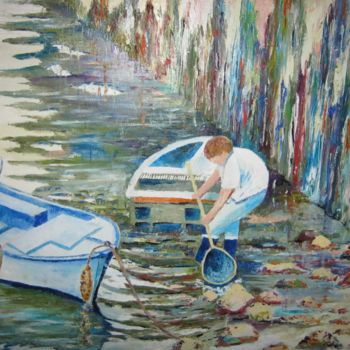 Peinture intitulée "pêche à la crevette…" par André Le Nen, Œuvre d'art originale, Huile