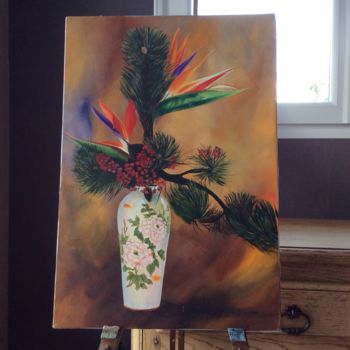 Painting titled "Fleurs exotiques" by Andre Quesnot, Original Artwork, Oil