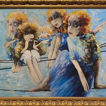 Painting titled "petits oiseaux" by André Sofine, Original Artwork, Oil Mounted on Wood Stretcher frame