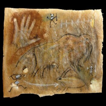 Disegno intitolato "Mano con mammut" da Andrea Benetti, Opera d'arte originale, pigmenti Montato su Plexiglass