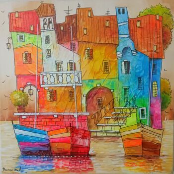 Painting titled "Paesaggio a colori…" by Andrea Bonacina, Original Artwork, Oil Mounted on Wood Stretcher frame