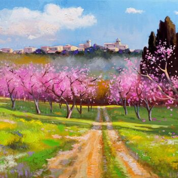 Pintura intitulada "Flowery peach trees…" por Andrea Borella, Obras de arte originais, Óleo Montado em Painel de madeira