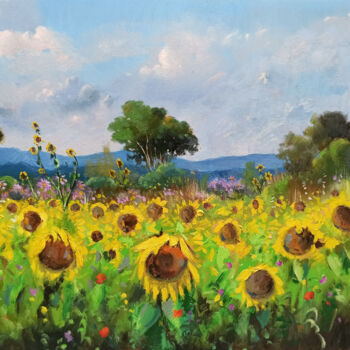 「Sunflowers near old…」というタイトルの絵画 Andrea Borellaによって, オリジナルのアートワーク, オイル ウッドパネルにマウント
