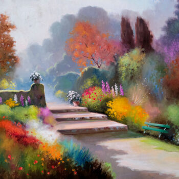 Peinture intitulée "Flowered garden - I…" par Andrea Borella, Œuvre d'art originale, Huile Monté sur Panneau de bois