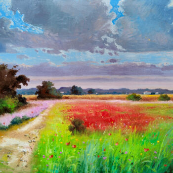 Malarstwo zatytułowany „Flowering countrysi…” autorstwa Andrea Borella, Oryginalna praca, Olej Zamontowany na Drewniana rama…