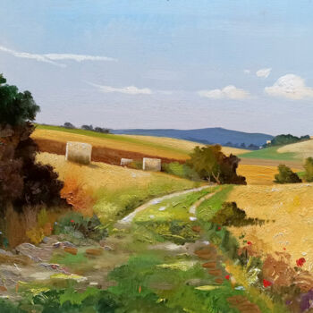 Painting titled "Countryside in July…" by Andrea Borella, Original Artwork, Oil Mounted on Wood Stretcher frame