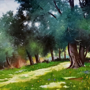 Pintura intitulada "Light among the oli…" por Andrea Borella, Obras de arte originais, Óleo Montado em Painel de madeira