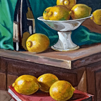 Painting titled "Lemons & Books - It…" by Andrea Borella, Original Artwork, Oil Mounted on Wood Panel
