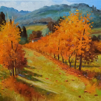 Painting titled "Autumn vineyard - T…" by Andrea Borella, Original Artwork, Oil Mounted on Wood Stretcher frame