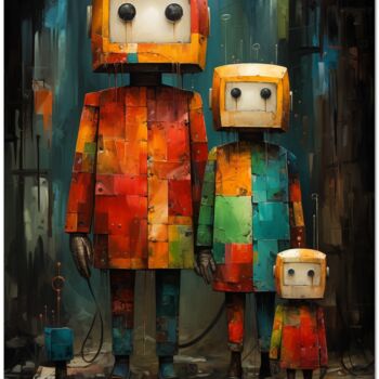 Digital Arts titled "Famiglia Robotica" by Andrea La Martina (NEXA ART), Original Artwork, Digital Collage Mounted on Wood S…