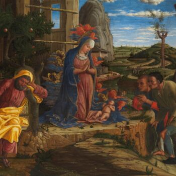 Schilderij getiteld "Adoration des berge…" door Andrea Mantegna, Origineel Kunstwerk, Tempera