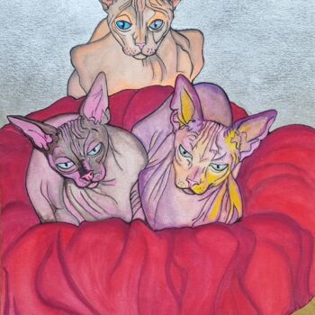 Painting titled "“Sphynx cats”" by Andrea Moreno, Original Artwork, Watercolor
