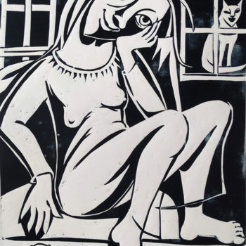 Printmaking titled "Woman thoughtful" by Andrea Riegler, Original Artwork, Xylography