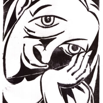Druckgrafik mit dem Titel "The Opened Eye" von Andrea Riegler, Original-Kunstwerk, Holzschnitt