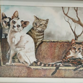 Painting titled "Γάτες - Cats" by Andreas Anatolites, Original Artwork, Watercolor