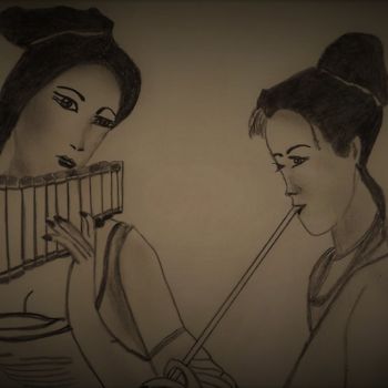 Dessin intitulée "geishas-et-musique.…" par Andrée Mercier, Œuvre d'art originale, Crayon