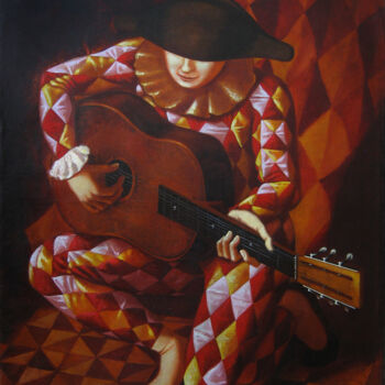 Pintura intitulada "Harlequin with guit…" por Andrei Buryak, Obras de arte originais, Óleo