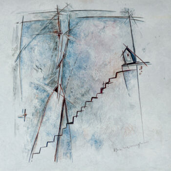 Painting titled "The Red Staircase" by Andrei Dukhounikau, Original Artwork, Watercolor Mounted on Other rigid panel