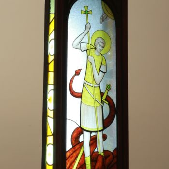 Painting titled "San Jorge" by Andrei Efremov, Original Artwork, Stained glass painting Mounted on Wood Panel