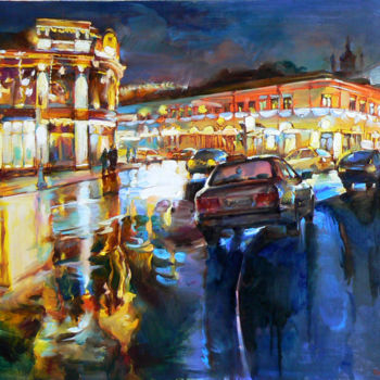 Painting titled "lights of city" by Andrei Kutsachenko, Original Artwork, Oil Mounted on Wood Stretcher frame