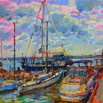 Painting titled "seascape with boats" by Andrei Kutsachenko, Original Artwork, Oil Mounted on Wood Stretcher frame