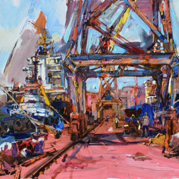 Painting titled "ships in the dock" by Andrei Kutsachenko, Original Artwork, Oil Mounted on Wood Stretcher frame