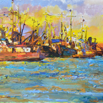 Painting titled "Fishers ships,  sun…" by Andrei Kutsachenko, Original Artwork, Oil Mounted on Wood Stretcher frame