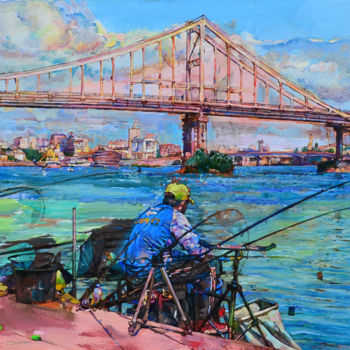 Painting titled "сity panorama from…" by Andrei Kutsachenko, Original Artwork, Oil Mounted on Wood Stretcher frame