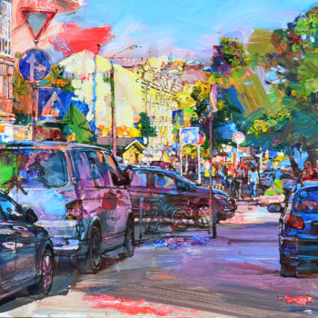 Painting titled "City summmer" by Andrei Kutsachenko, Original Artwork, Oil Mounted on Wood Stretcher frame