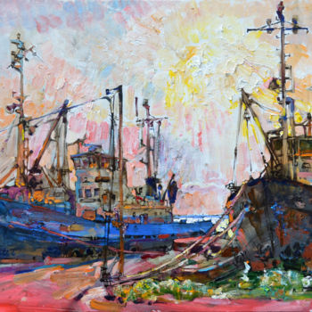 Peinture intitulée "Fishing ships, suns…" par Andrei Kutsachenko, Œuvre d'art originale, Huile Monté sur Châssis en bois