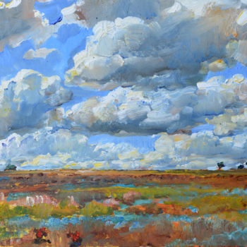 Painting titled "Sky clouds, steppe" by Andrei Kutsachenko, Original Artwork, Oil Mounted on Wood Stretcher frame