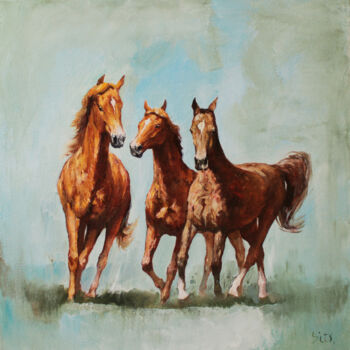 Schilderij getiteld "Horses II" door Andrei Sitsko, Origineel Kunstwerk, Olie Gemonteerd op Frame voor houten brancard