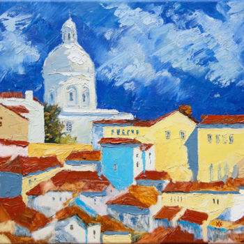 Painting titled "Afternoon in Lisbon" by Andrei Voica, Original Artwork, Oil Mounted on Wood Stretcher frame