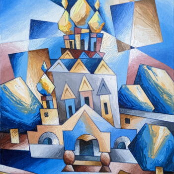 Peinture intitulée "Голубая церковь" par Andrei Saratov, Œuvre d'art originale, Huile