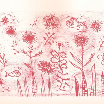 Druckgrafik mit dem Titel "Fischblumen auf ros…" von Andreja Soleil, Original-Kunstwerk, Lithographie