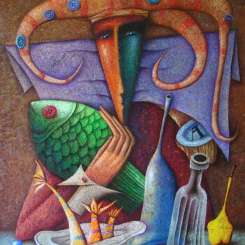 Painting titled "Thursday. Dessert" by Andrej Losovoj, Original Artwork, Oil Mounted on Wood Stretcher frame