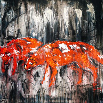 Картина под названием "Red Wolves" - Andrejs Bovtovičs, Подлинное произведение искусства, Акрил Установлен на Деревянная рам…