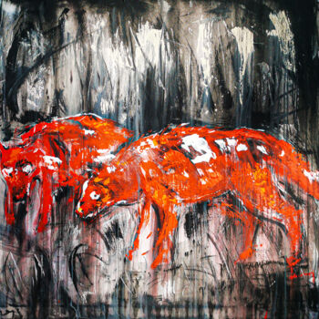 Painting titled "Red Wolves" by Andrejs Bovtovičs, Original Artwork, Acrylic Mounted on Wood Stretcher frame