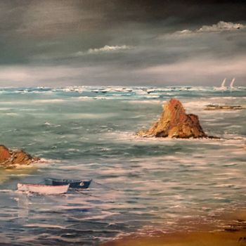 Painting titled "les 2 barques dans…" by André Kermorvant, Original Artwork, Oil