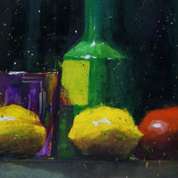 Pittura intitolato "Citrons et verre ro…" da André Méhu, Opera d'arte originale, Gouache