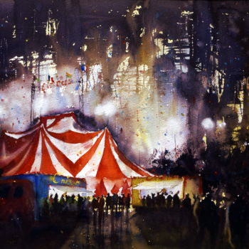 Painting titled "Le cirque, Nocturne" by André Méhu, Original Artwork, Watercolor