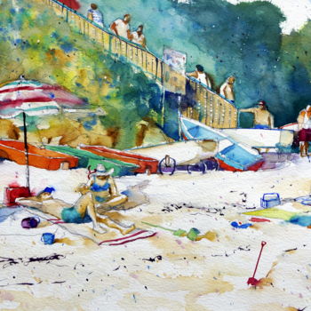 Painting titled "La plage, Fort Bloq…" by André Méhu, Original Artwork, Watercolor