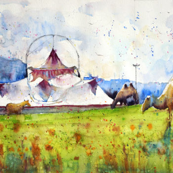 Peinture intitulée "Cirque et chameaux" par André Méhu, Œuvre d'art originale, Aquarelle