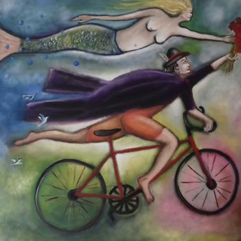 Pintura titulada "cycliste-et-sirene.…" por Andre Rippert, Obra de arte original, Oleo