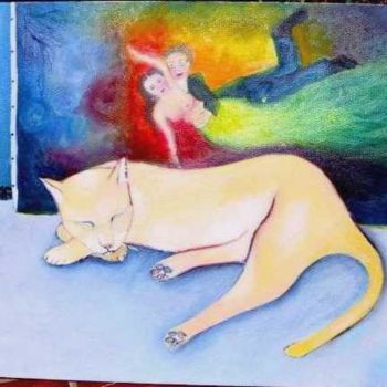 Painting titled "chat au Chagall" by Andre Rippert, Original Artwork