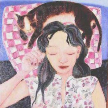 Peinture intitulée "endormie au chat" par Andre Rippert, Œuvre d'art originale