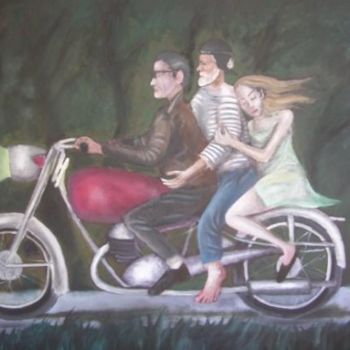 Painting titled "la moto à 3" by Andre Rippert, Original Artwork, Oil