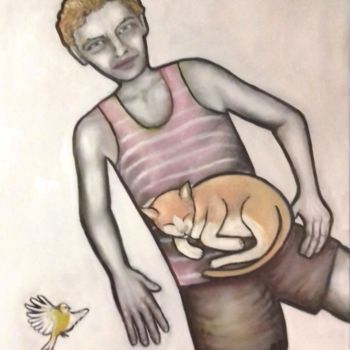 Painting titled "le chat et l'oiseau" by Andre Rippert, Original Artwork, Oil