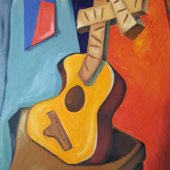 Painting titled "Guitarra Sobre la M…" by Andres Gomez, Original Artwork, Oil